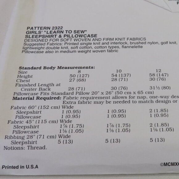 Kwik Sew 2322 sewing pattern sleepshirt, pillowcase EASY UNCUT night - Picture 5 of 6